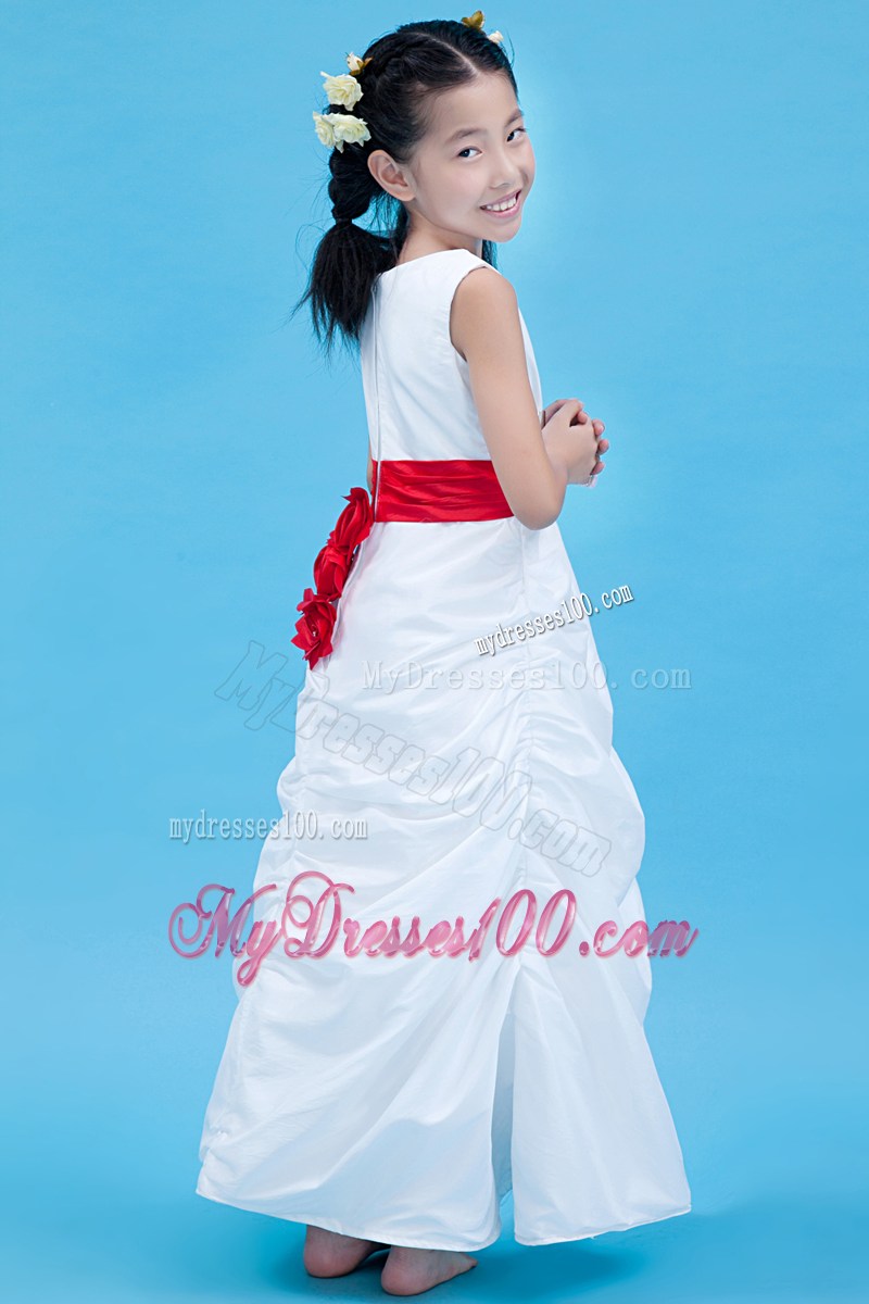 White Column Scoop Ankle-length Belt Flower Girl Dress