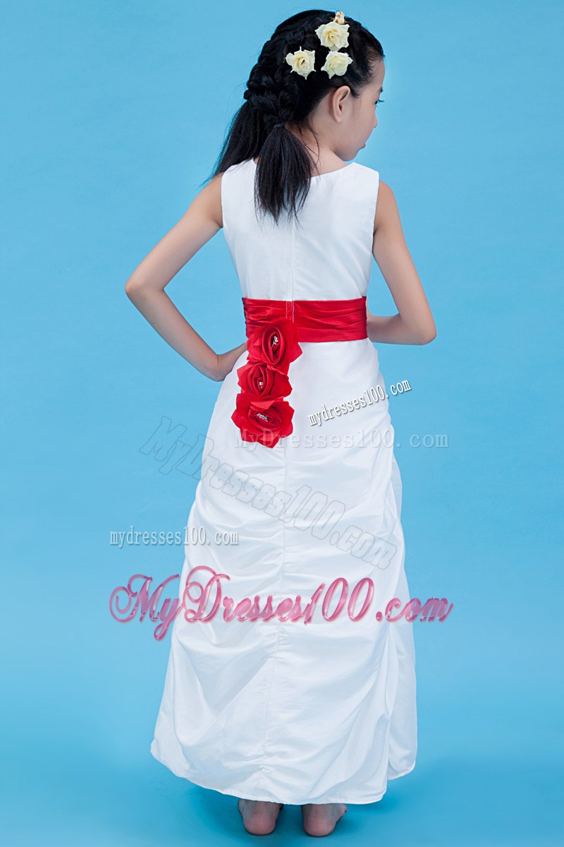 White Column Scoop Ankle-length Belt Flower Girl Dress