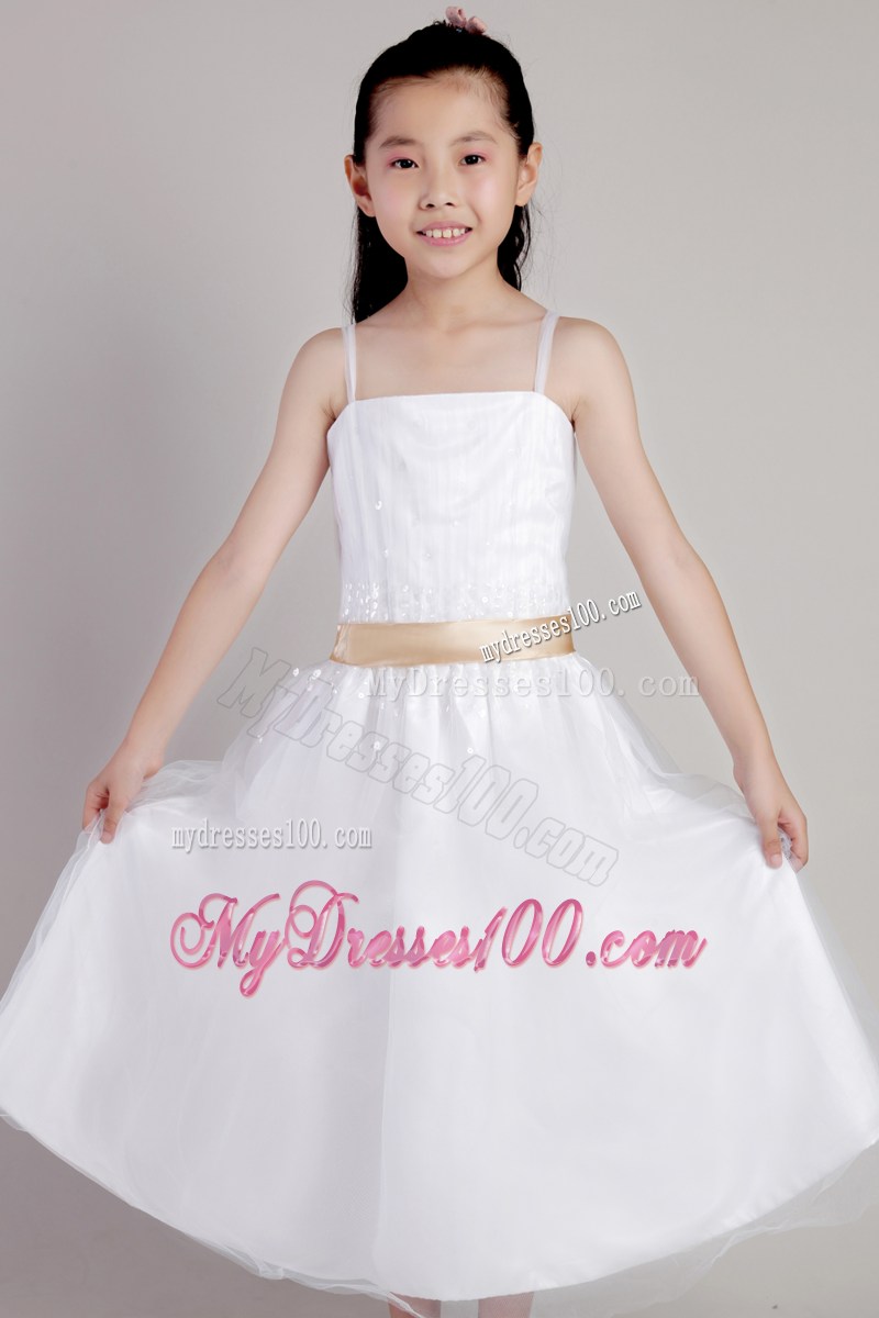 White Column Straps Tea-length Sequins and Belt Flower Girl Dress