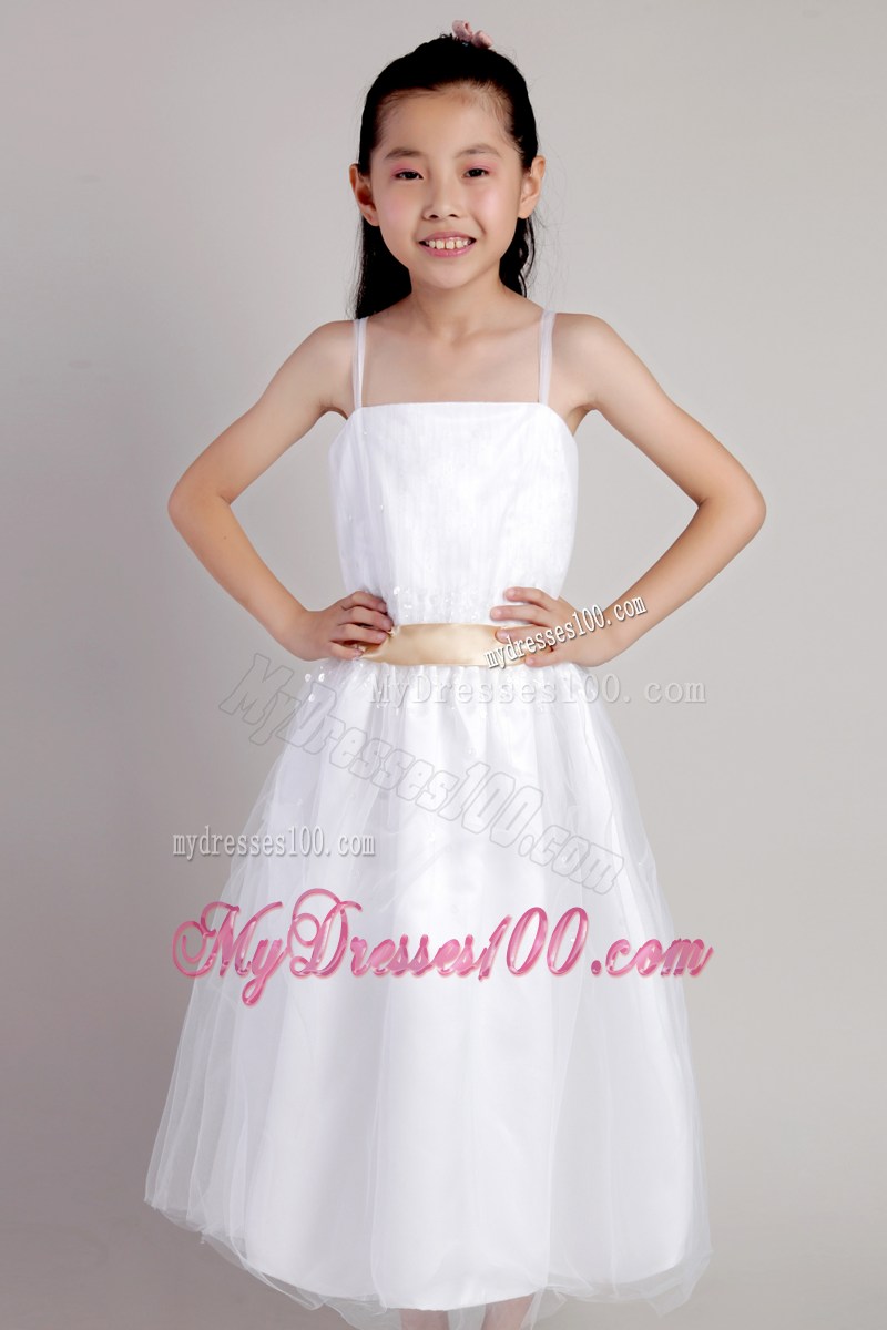 White Column Straps Tea-length Sequins and Belt Flower Girl Dress