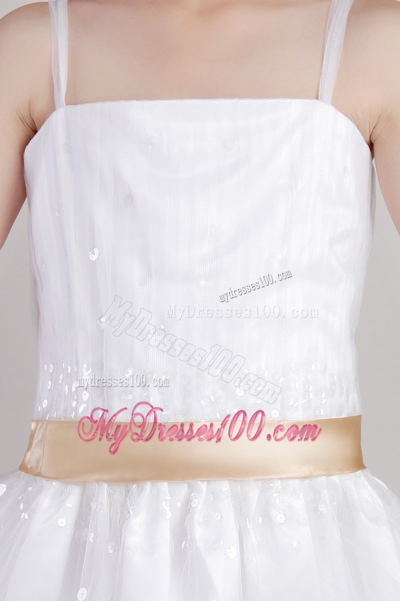 White Column Straps Tea-length Sequins and Belt Flower Girl Dress