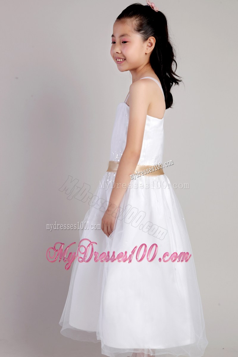 White Column Straps Tea-length Sequins and Belt Flower Girl Dress
