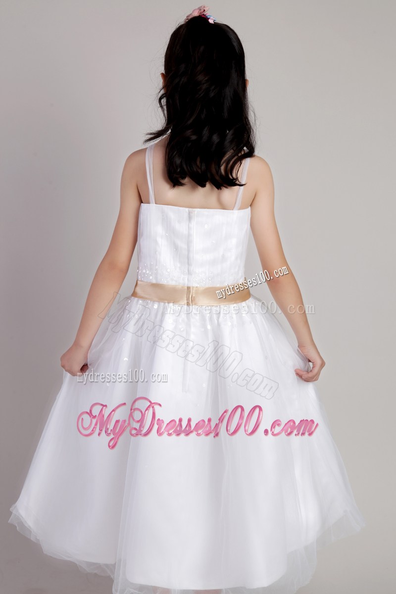 White Column Straps Tea-length Sequins and Belt Flower Girl Dress