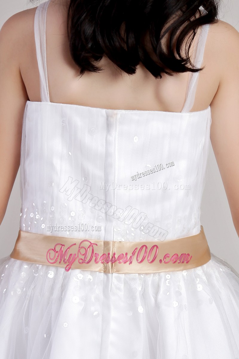 White Column Straps Tea-length Sequins and Belt Flower Girl Dress