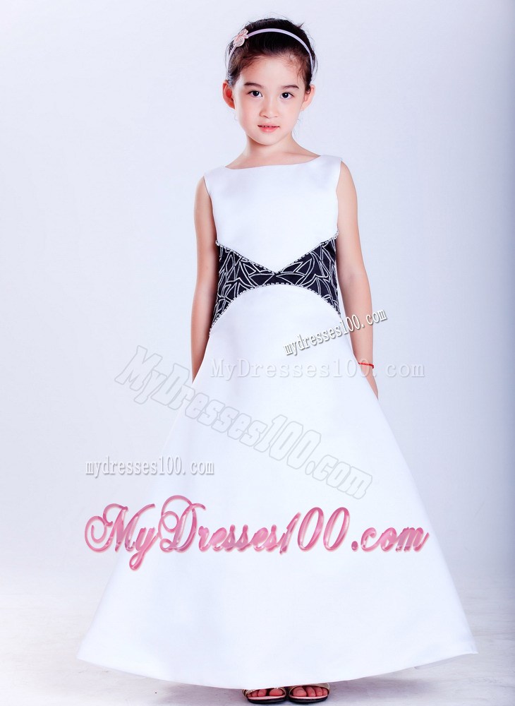 White and Black Scoop Ankle-length Embroidery Flower Girl Dress