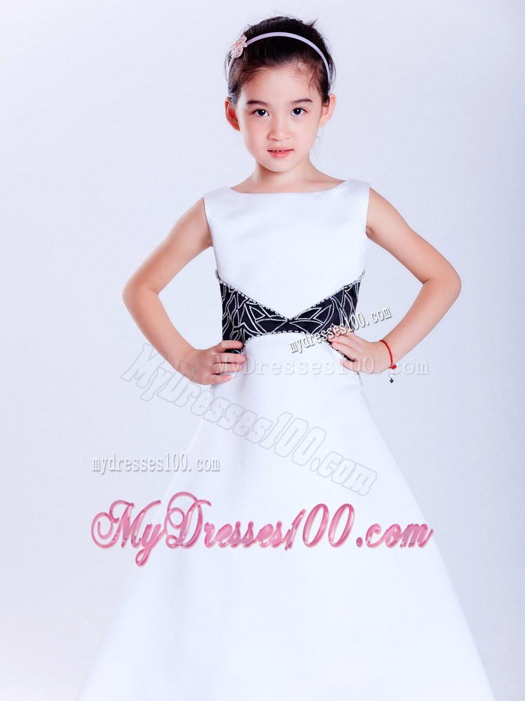 White and Black Scoop Ankle-length Embroidery Flower Girl Dress