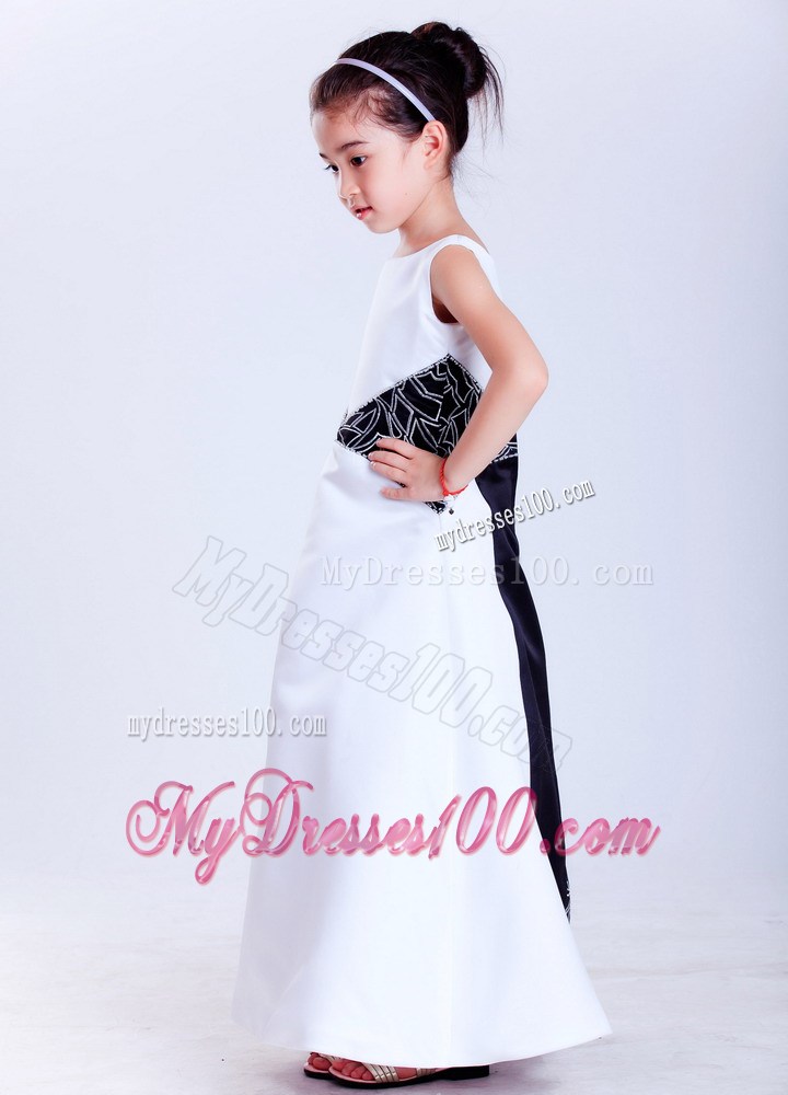 White and Black Scoop Ankle-length Embroidery Flower Girl Dress
