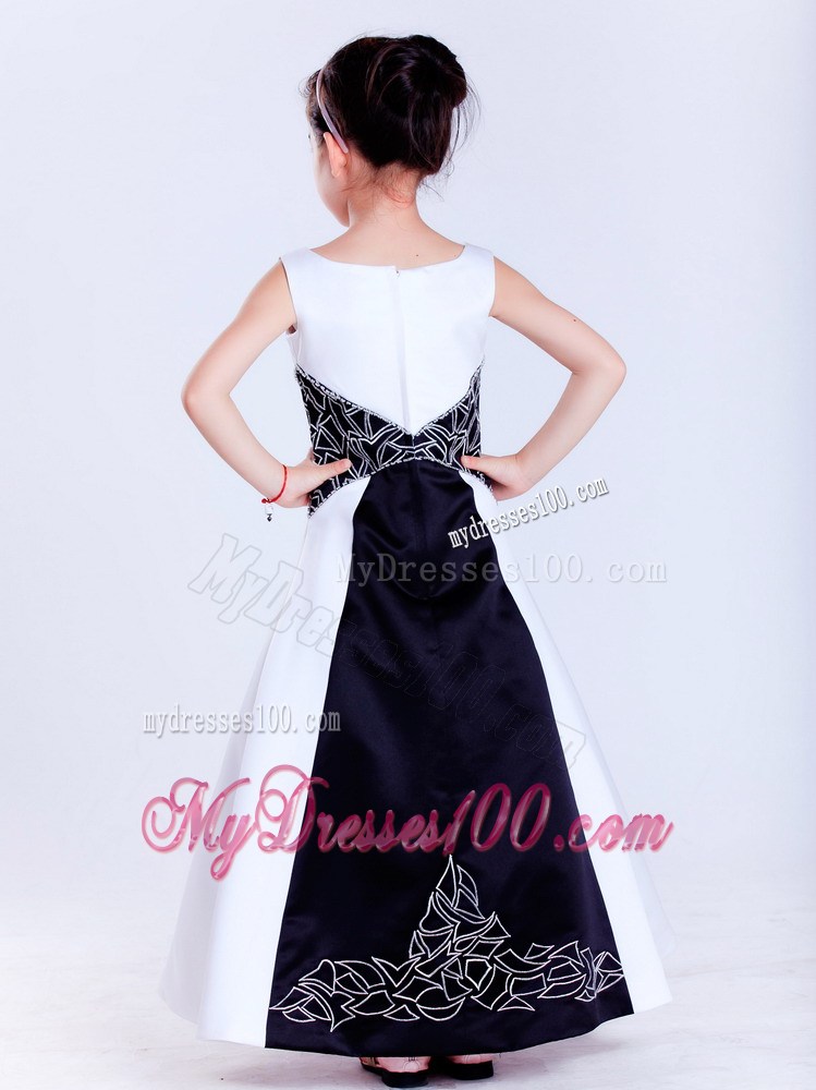 White and Black Scoop Ankle-length Embroidery Flower Girl Dress