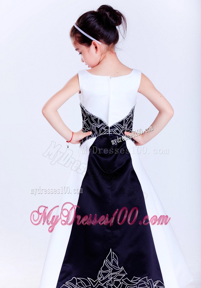 White and Black Scoop Ankle-length Embroidery Flower Girl Dress