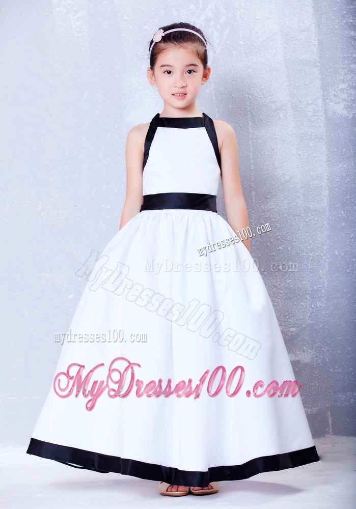 White and Black Square Ankle-length Bow Flower Girl Dress