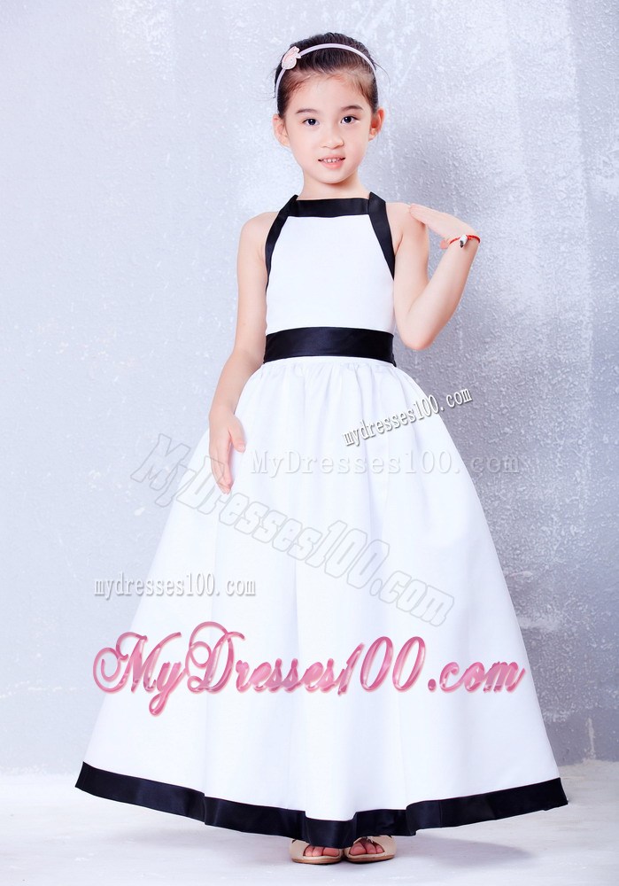 White and Black Square Ankle-length Bow Flower Girl Dress