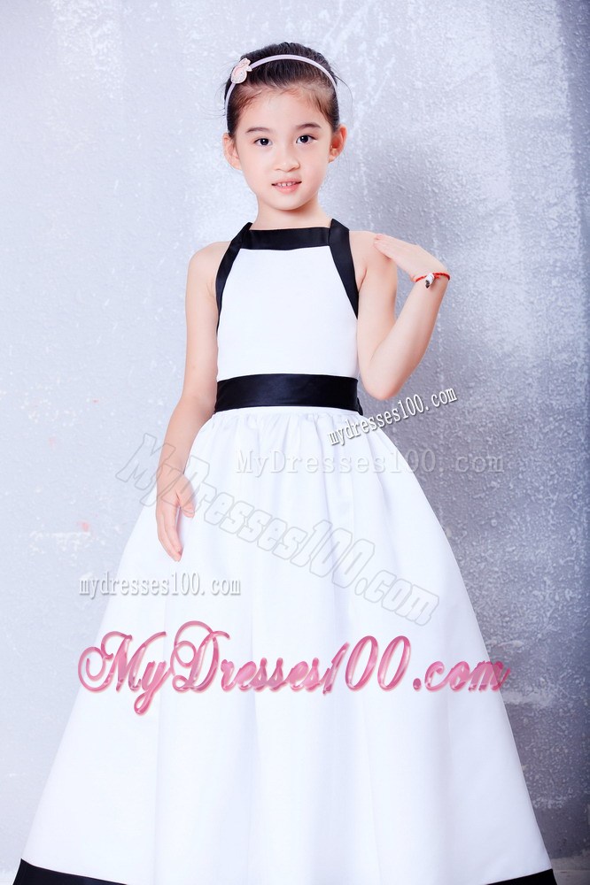 White and Black Square Ankle-length Bow Flower Girl Dress