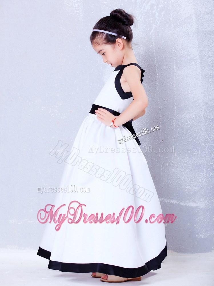 White and Black Square Ankle-length Bow Flower Girl Dress