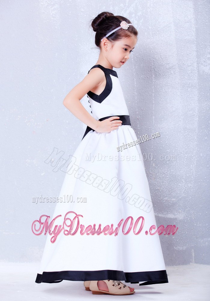 White and Black Square Ankle-length Bow Flower Girl Dress