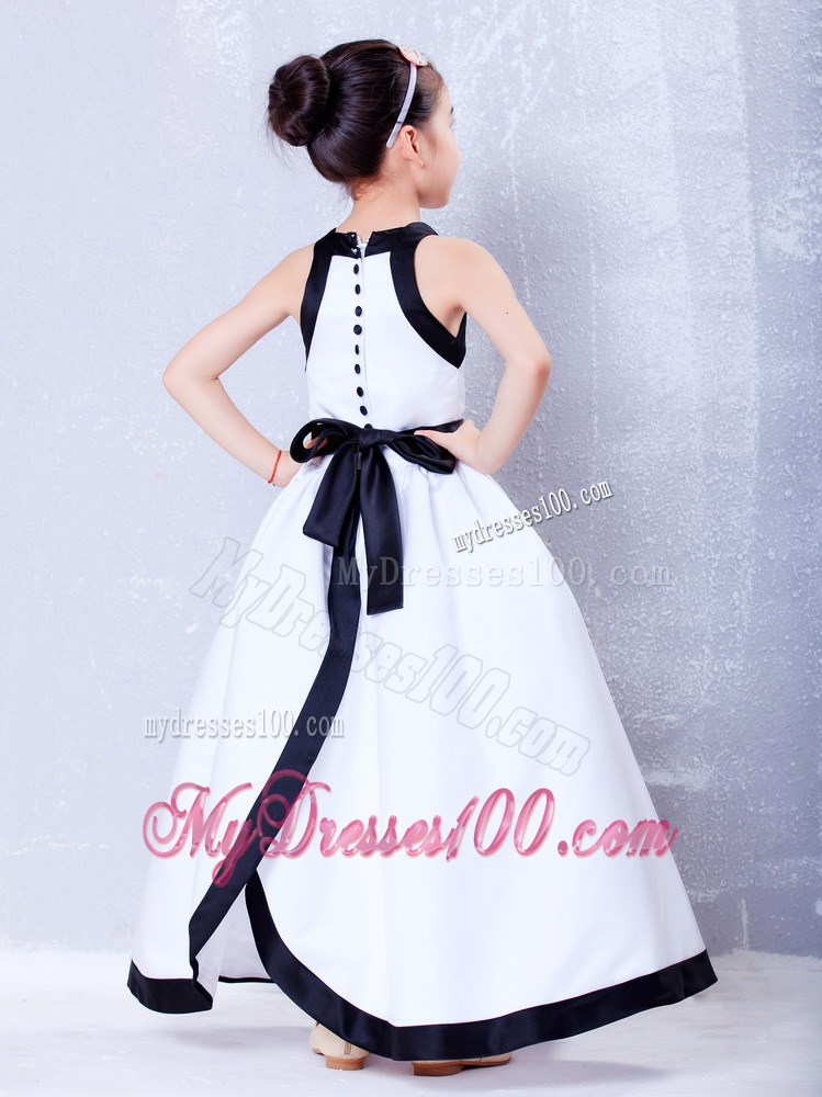 White and Black Square Ankle-length Bow Flower Girl Dress