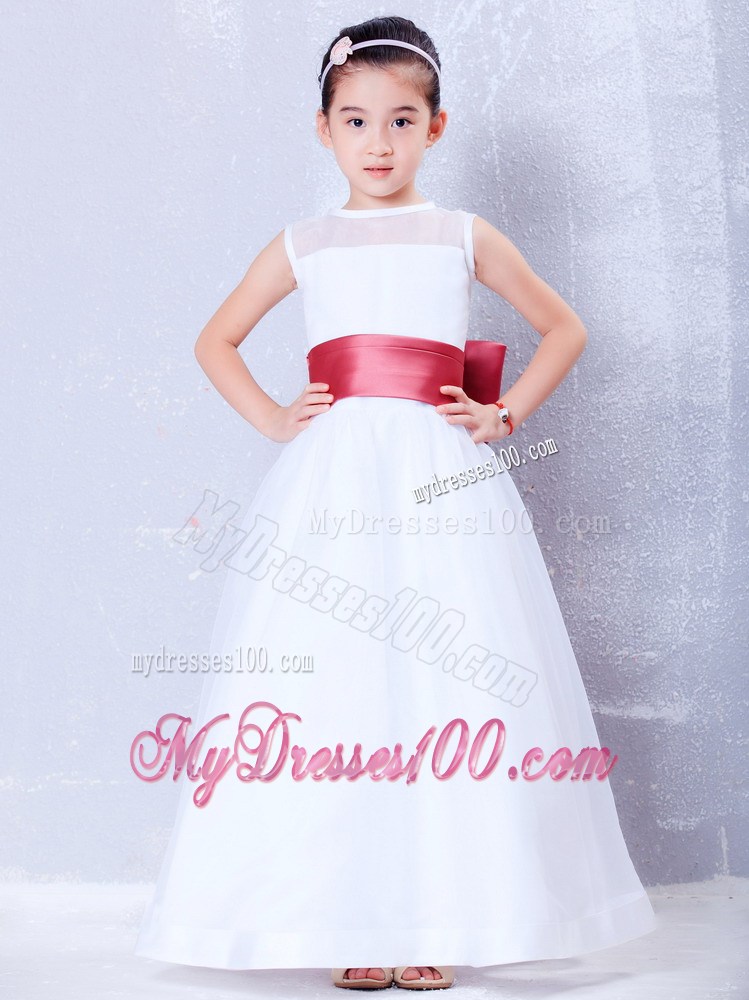 White and Coral Red Bateau Ankle-length Bow Flower Girl Dress