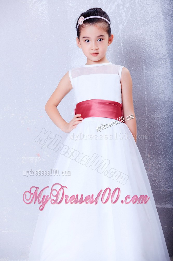 White and Coral Red Bateau Ankle-length Bow Flower Girl Dress