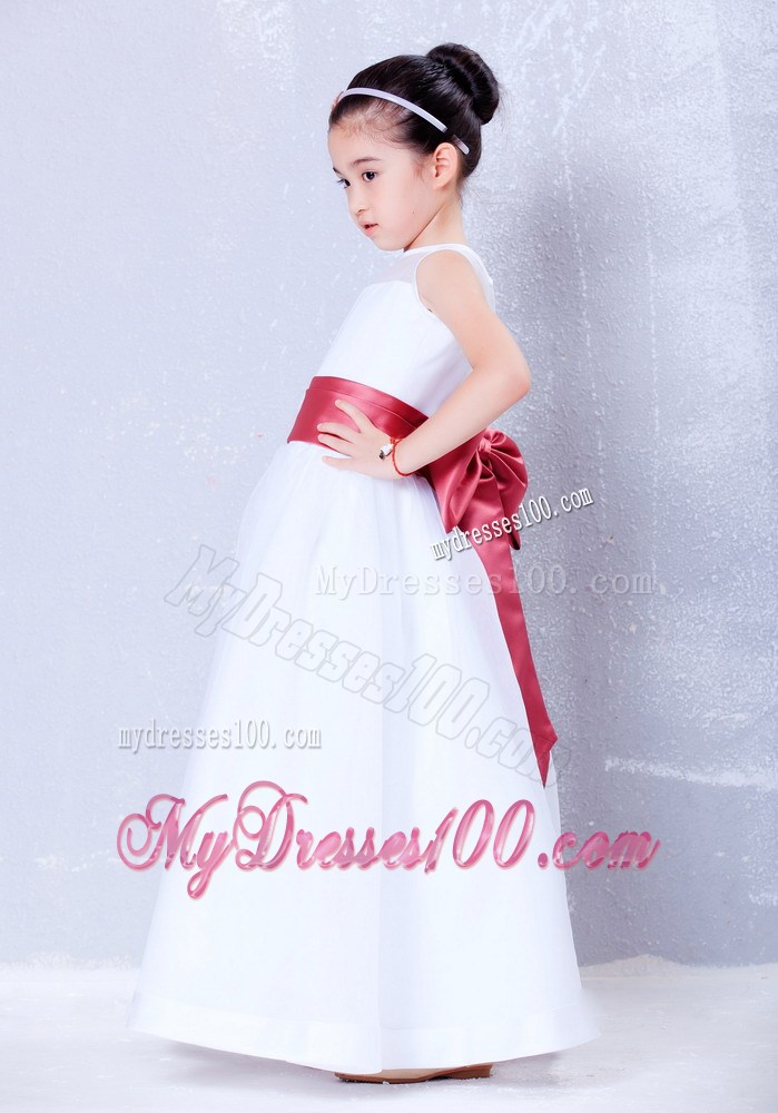 White and Coral Red Bateau Ankle-length Bow Flower Girl Dress