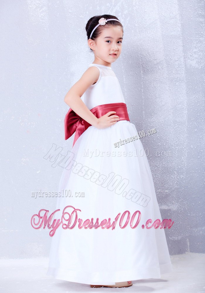 White and Coral Red Bateau Ankle-length Bow Flower Girl Dress