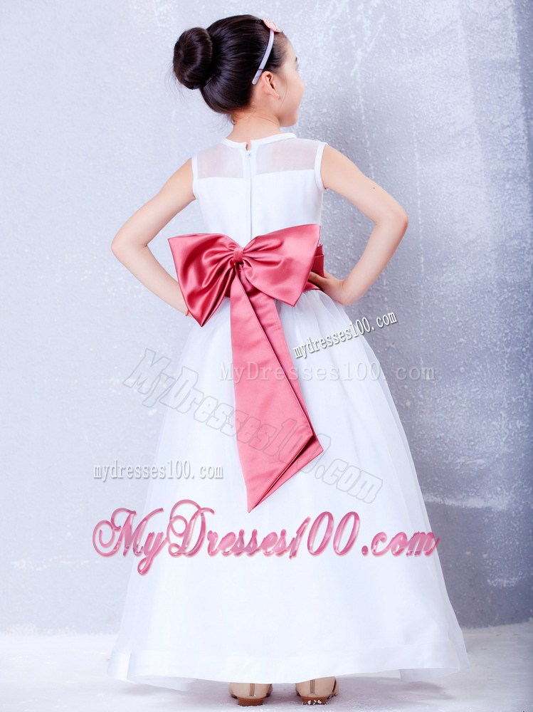 White and Coral Red Bateau Ankle-length Bow Flower Girl Dress