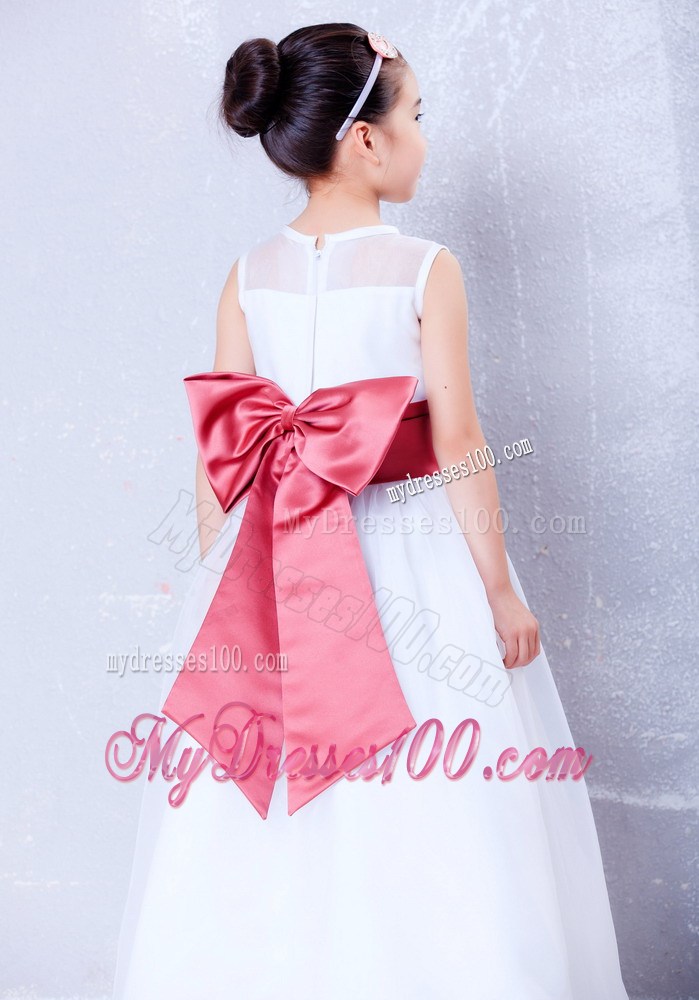 White and Coral Red Bateau Ankle-length Bow Flower Girl Dress