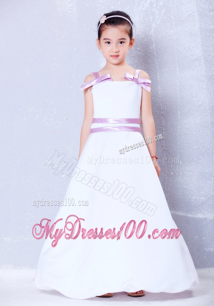 White and Lavender Straps Ankle-length Bows Flower Girl Dress
