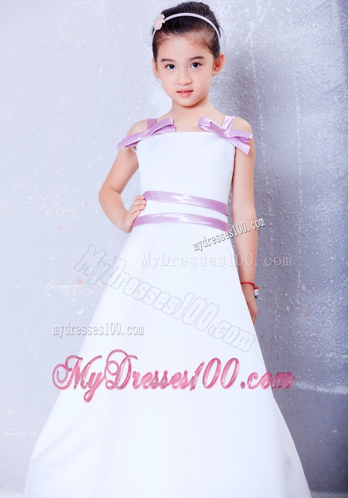 White and Lavender Straps Ankle-length Bows Flower Girl Dress