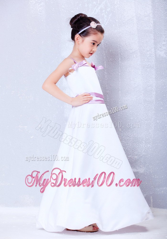 White and Lavender Straps Ankle-length Bows Flower Girl Dress
