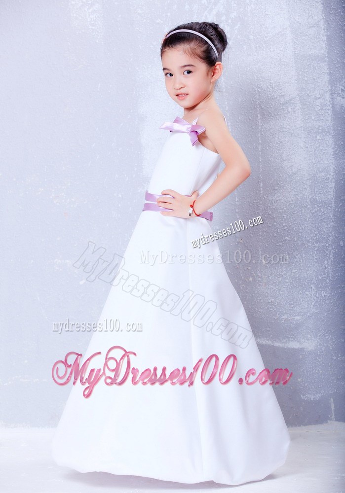 White and Lavender Straps Ankle-length Bows Flower Girl Dress
