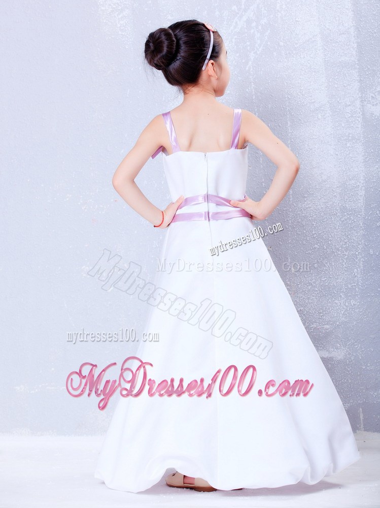 White and Lavender Straps Ankle-length Bows Flower Girl Dress
