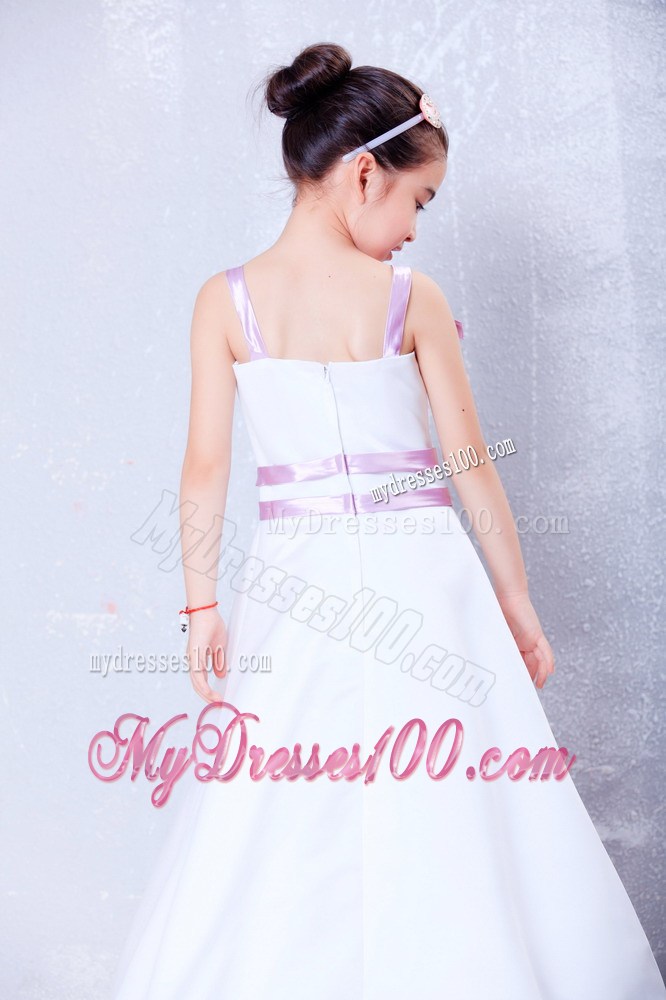White and Lavender Straps Ankle-length Bows Flower Girl Dress