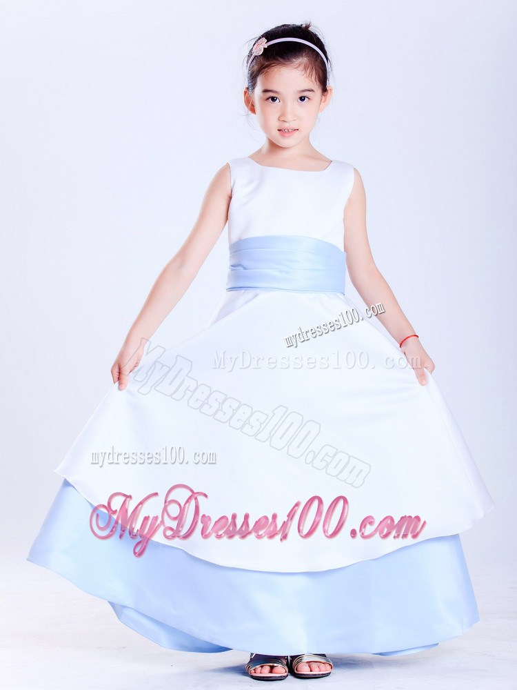 White and Light Blue Scoop Ankle-length Sash Flower Girl Dress