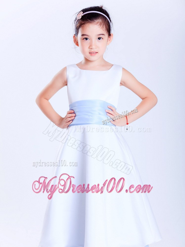 White and Light Blue Scoop Ankle-length Sash Flower Girl Dress