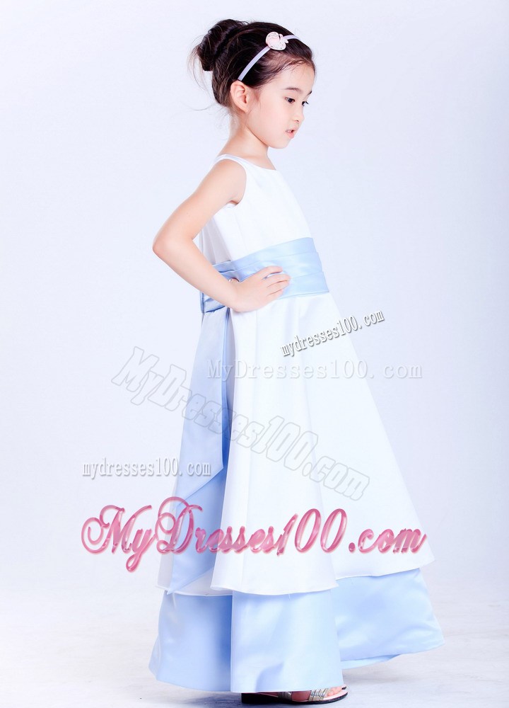 White and Light Blue Scoop Ankle-length Sash Flower Girl Dress