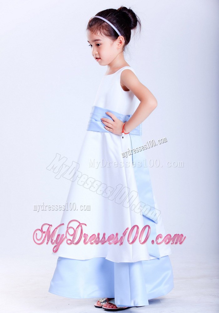 White and Light Blue Scoop Ankle-length Sash Flower Girl Dress