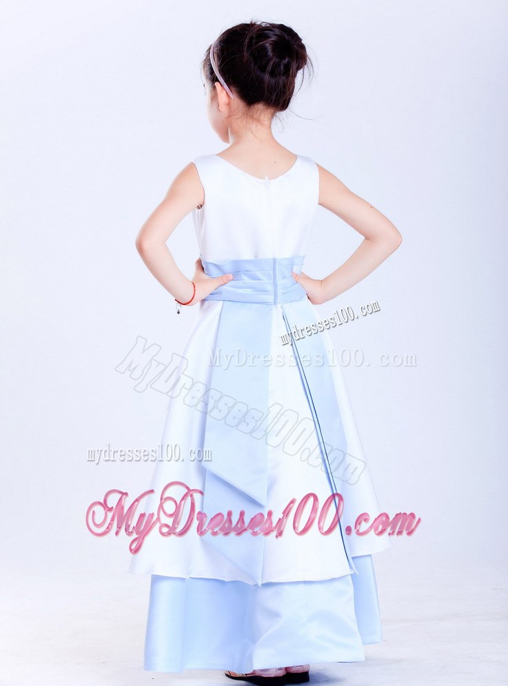 White and Light Blue Scoop Ankle-length Sash Flower Girl Dress
