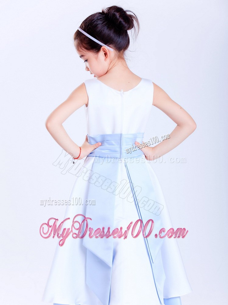 White and Light Blue Scoop Ankle-length Sash Flower Girl Dress