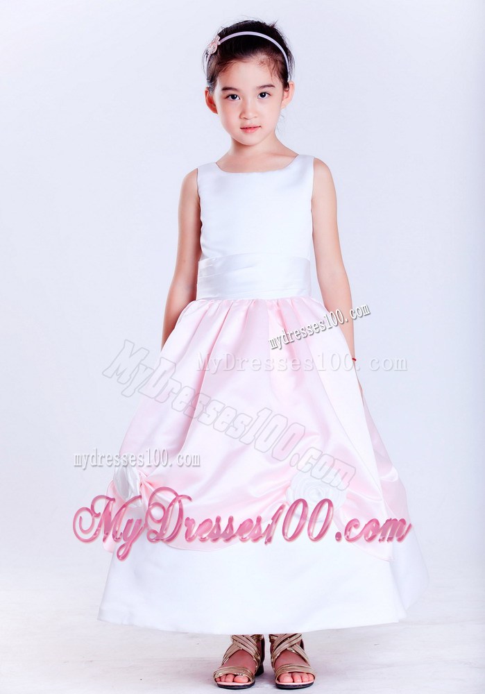 White and Pink Scoop Ankle-length Hand Made Flowers Flower Girl Dress