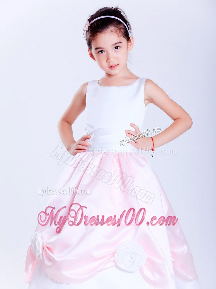 White and Pink Scoop Ankle-length Hand Made Flowers Flower Girl Dress
