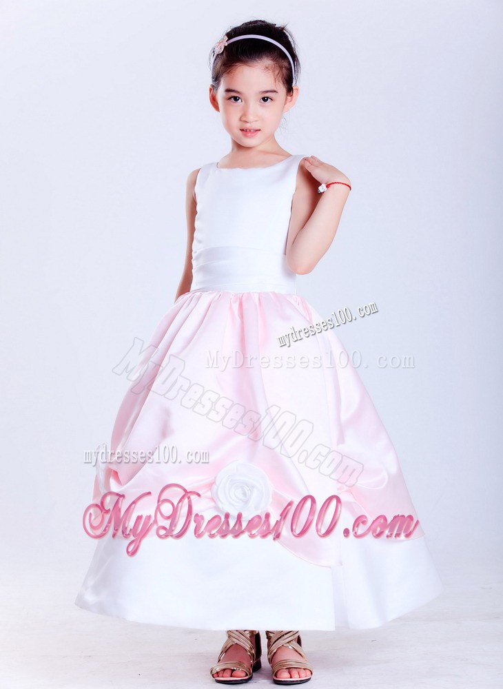 White and Pink Scoop Ankle-length Hand Made Flowers Flower Girl Dress