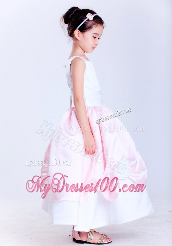 White and Pink Scoop Ankle-length Hand Made Flowers Flower Girl Dress