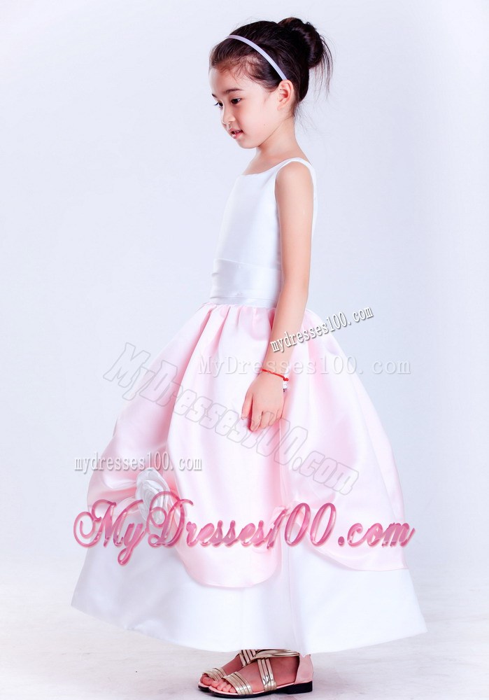 White and Pink Scoop Ankle-length Hand Made Flowers Flower Girl Dress