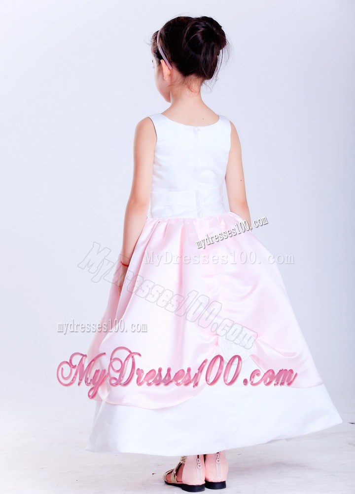 White and Pink Scoop Ankle-length Hand Made Flowers Flower Girl Dress