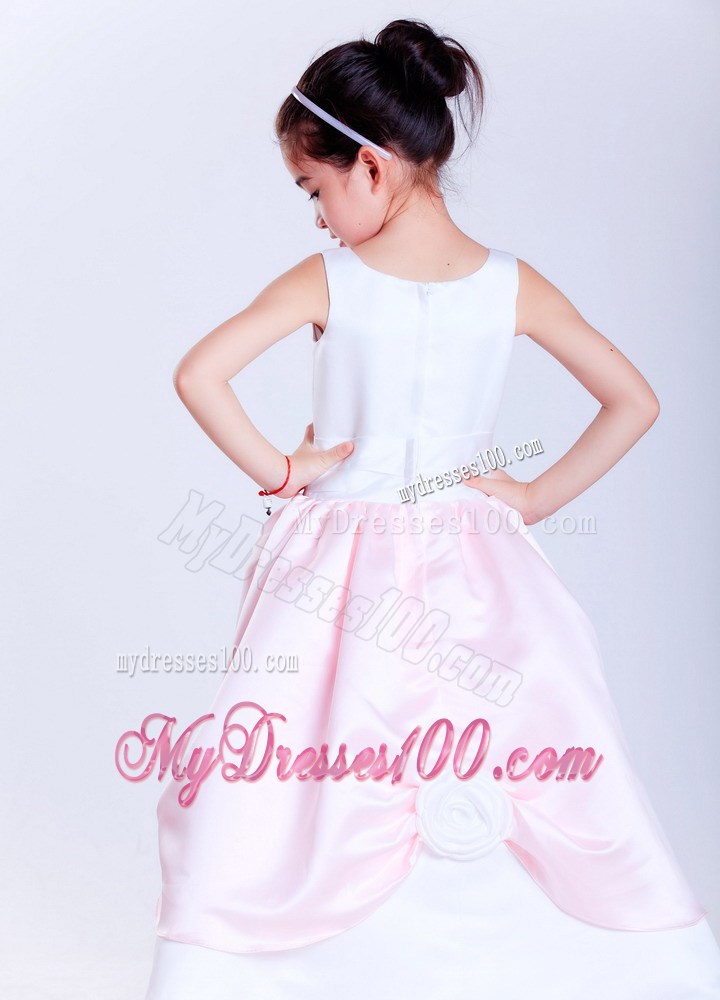 White and Pink Scoop Ankle-length Hand Made Flowers Flower Girl Dress