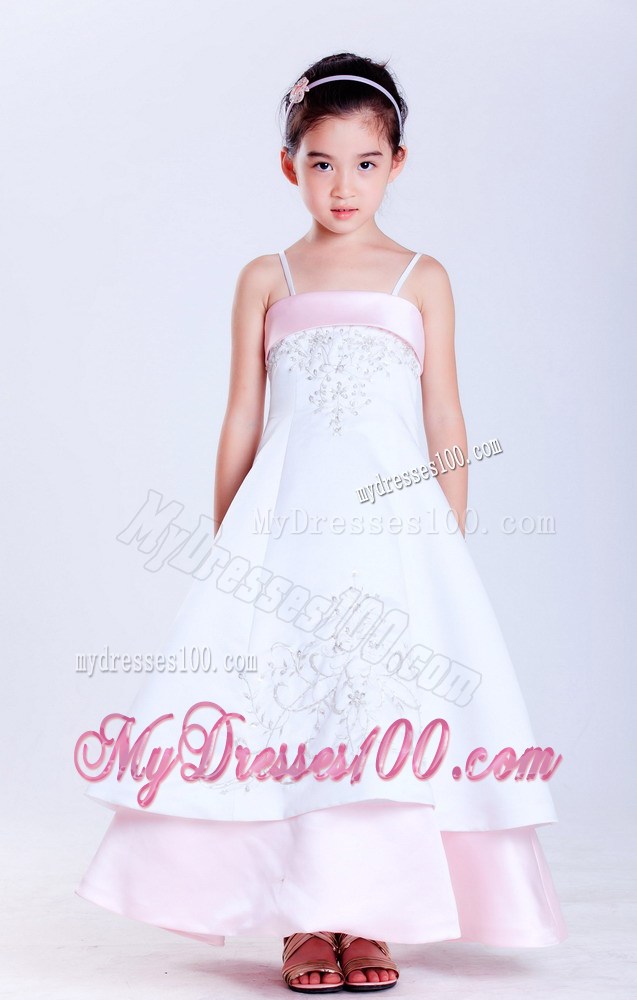 White and Pink Straps Ankle-length Embroidery Flower Girl Dress