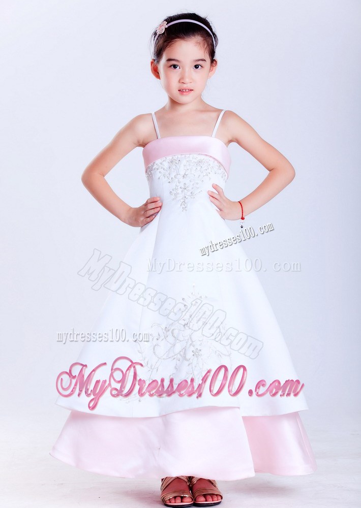 White and Pink Straps Ankle-length Embroidery Flower Girl Dress