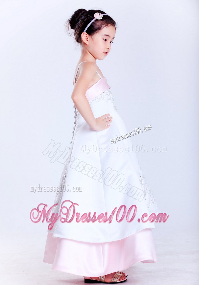 White and Pink Straps Ankle-length Embroidery Flower Girl Dress