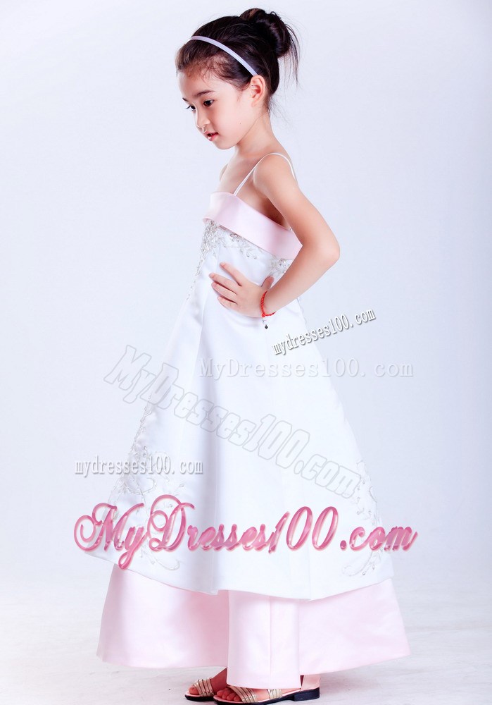 White and Pink Straps Ankle-length Embroidery Flower Girl Dress