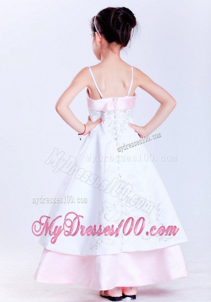 White and Pink Straps Ankle-length Embroidery Flower Girl Dress
