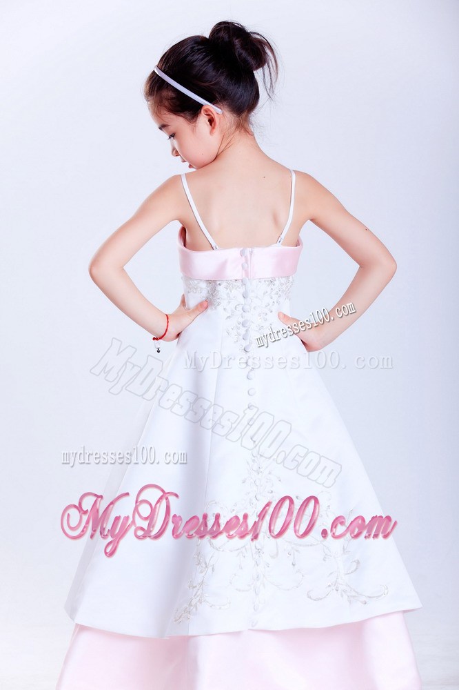 White and Pink Straps Ankle-length Embroidery Flower Girl Dress
